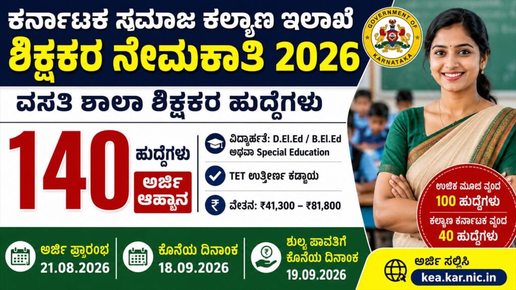 ಕರ್ನಾಟಕ ಸಮಾಜ ಕಲ್ಯಾಣ ಇಲಾಖೆ ಶಿಕ್ಷಕರ ನೇಮಕಾತಿ 2026